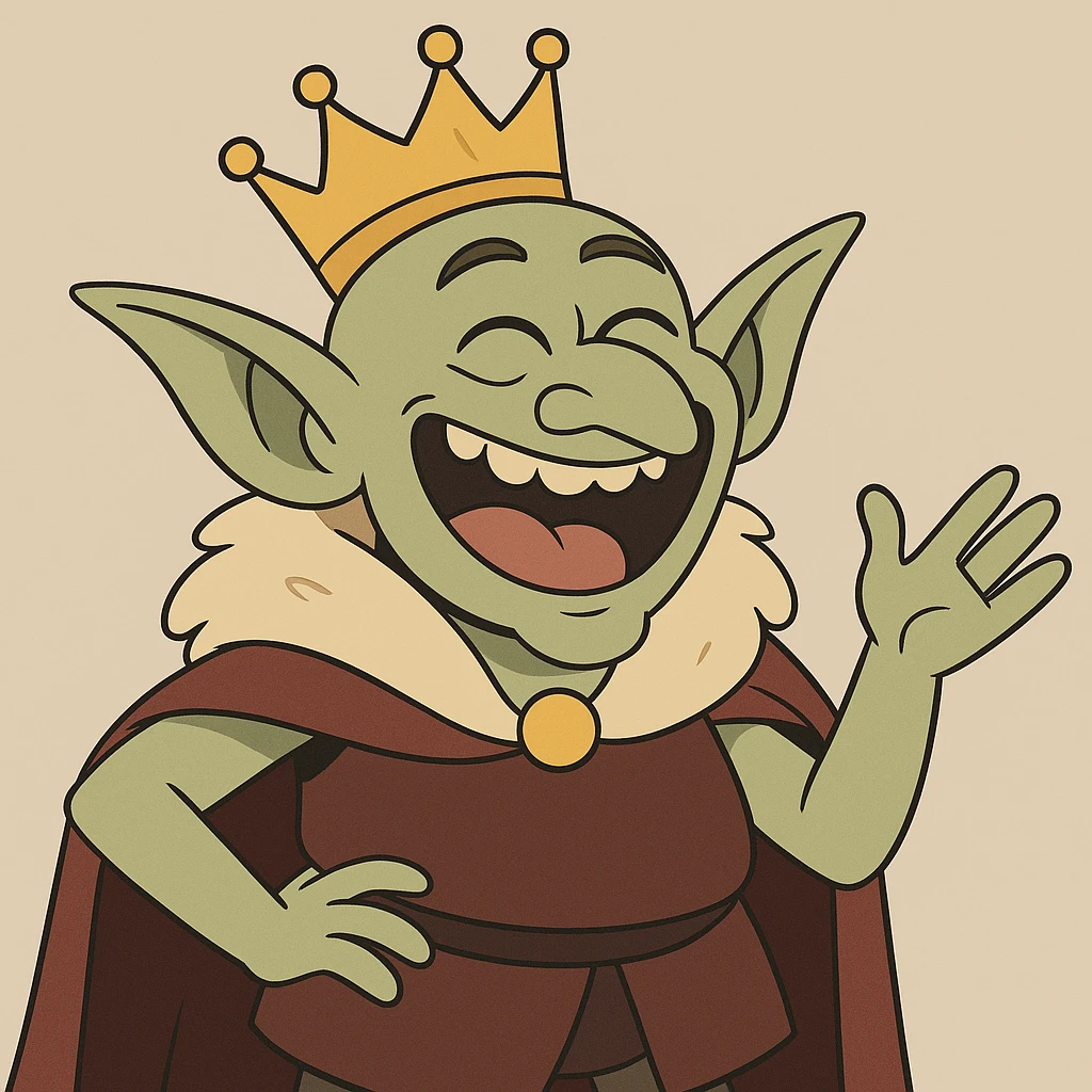 happy goblin king, cartoon style, big smile, playful crown emoji
