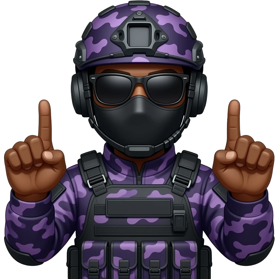 Black Man in large black sungoggles dark purple camoflage tactical gear helmet mask giving both middle fingers emoji