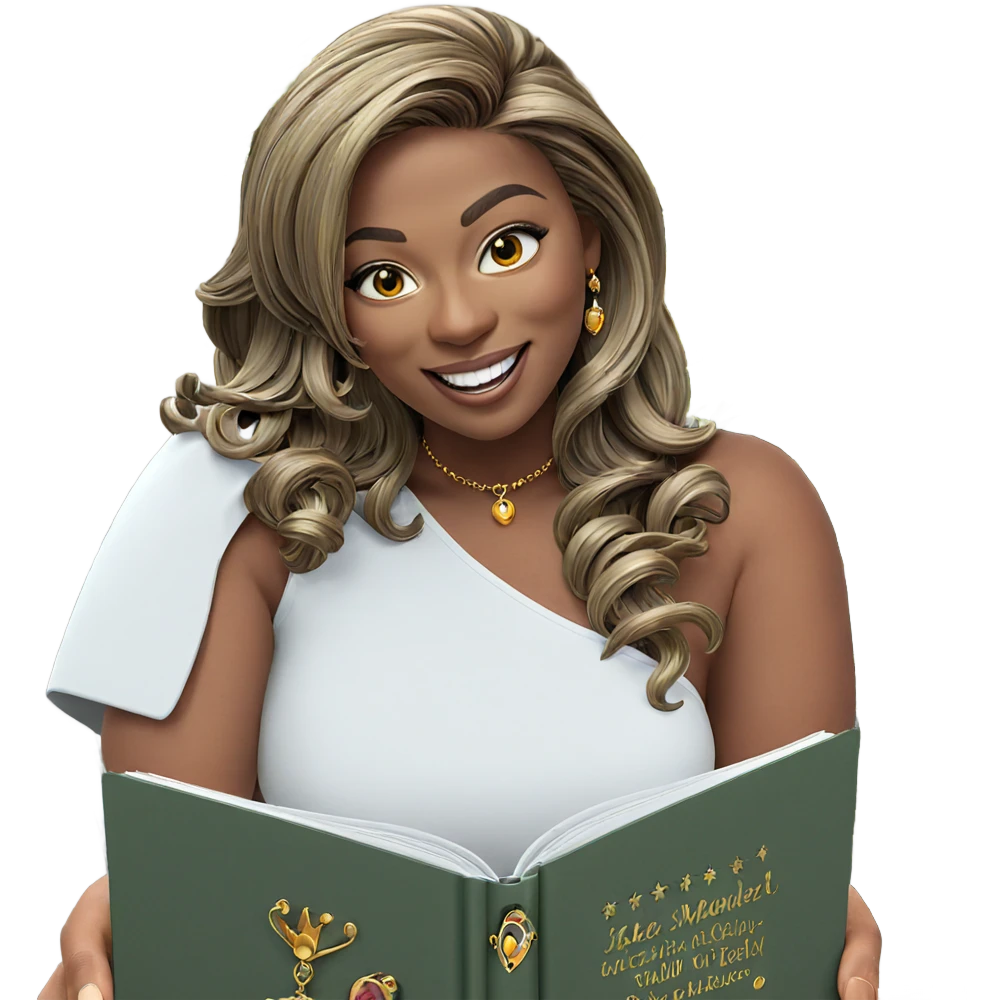 smiling girl with jewelry book emoji