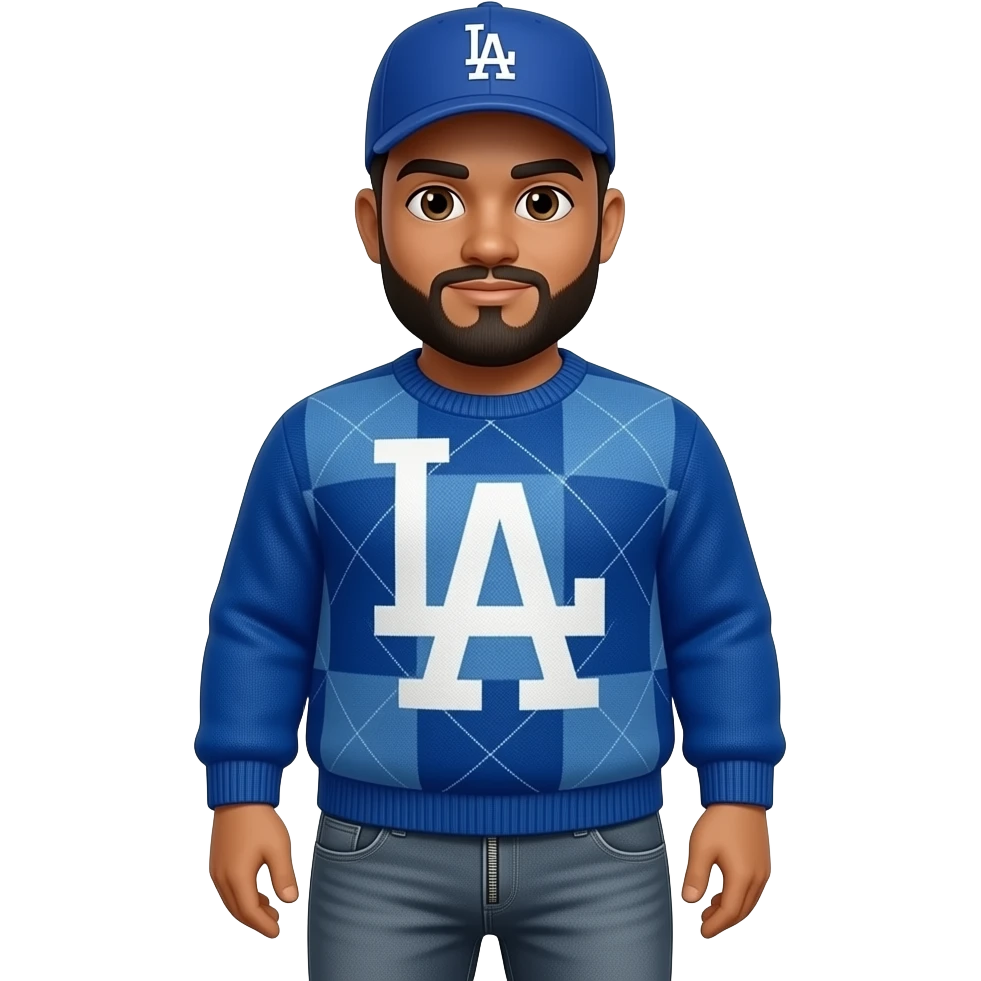 Slightly chubby with light carmel skin tone  with lightly shaved black beard wearing a blue Los Angeles Dodgers logo baseball cap wearing a blue long sleeve sweater with big square patterns on it wearing grey jeans with side pant leg zipper pockets emoji