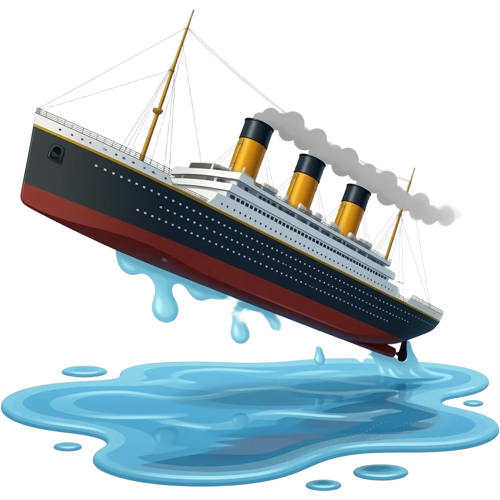 ship Titanic flies over a shallow puddle of water emoji