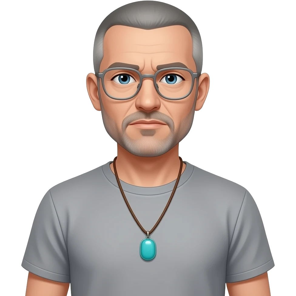pointed chin indifferent pointed chin haved face pendant Turquoise on brown paracord t shirt shaved grey short hair full-length photo of extreme streetwear clean-shaven face cool boy thin metal-framed glasses ery entellectual man, 56 years old, street wear stubble, shaved short with clippers emoji