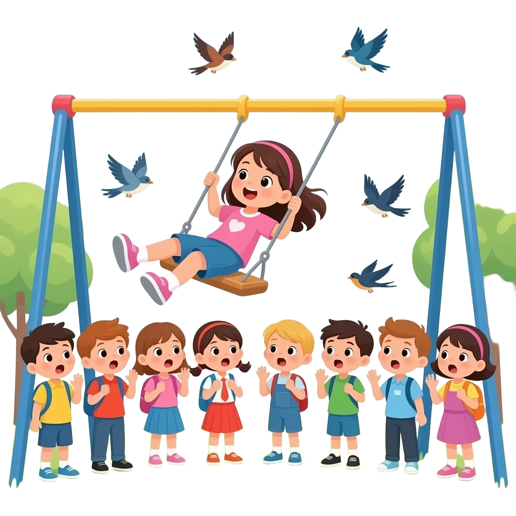 birds imagine dragons one girl is felling off the knee and 11 children are surprised af Playground school emoji