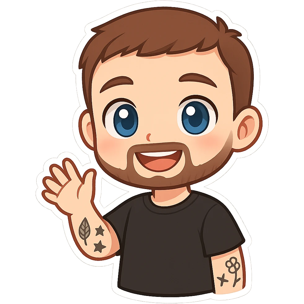 cute chibi cartoon-style male character, front-facing, short brown hair, neatly trimmed short beard, large blue eyes, smiling, waving with right hand, visible tattoos leaf star flower on left arm, wearing simple black t-shirt, smooth shading, clean lines emoji