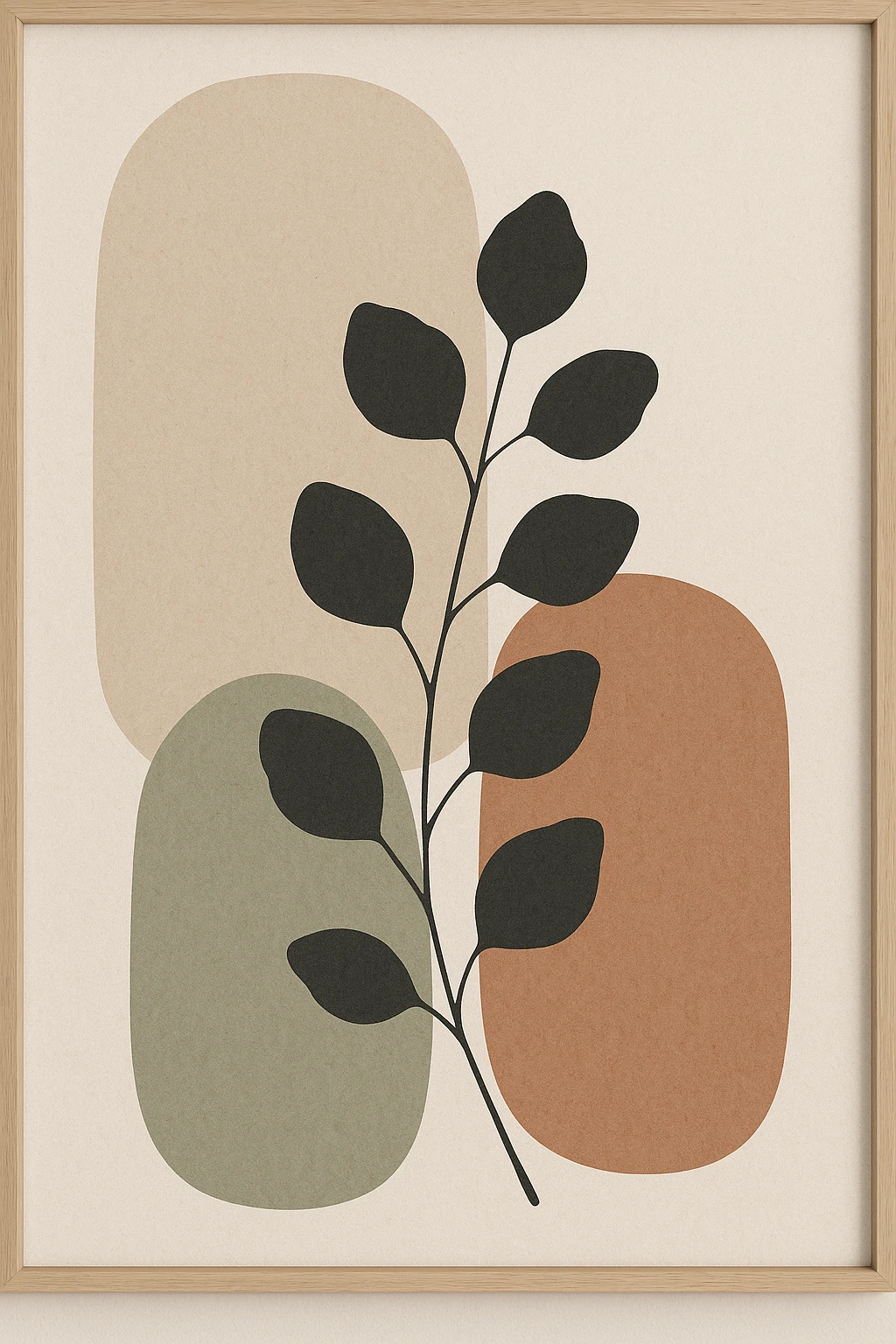 abstract botanical wall art, minimalist scandinavian style, large rounded organic shapes, eucalyptus branch silhouette, neutral earth tones (beige, sage, terracotta), subtle paper texture, modern interior decor, full bleed composition --v 6 --ar 3:4 --q 2 --style 4a emoji