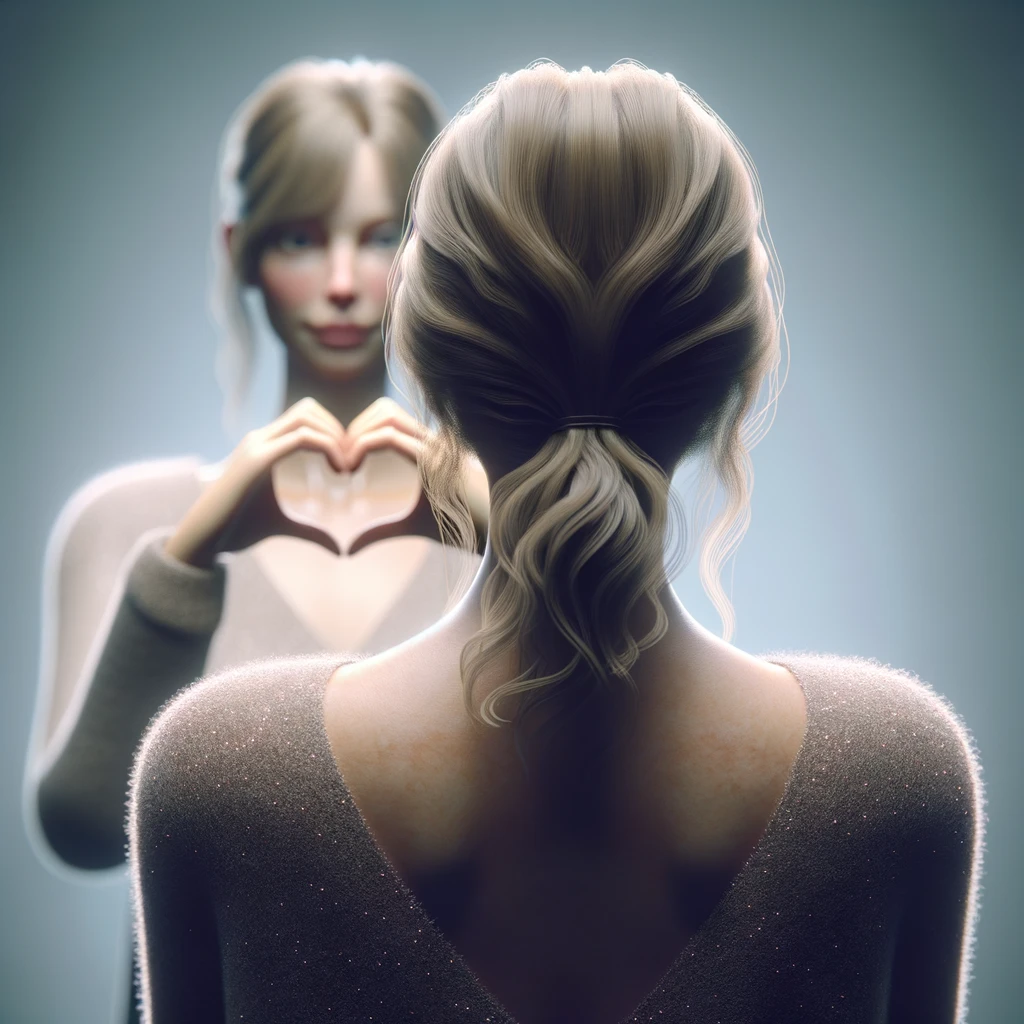 DONNA DI SPALLE CHE SI GUARDA ALLO SPECCHIO CREANDO UN CUORE CON LE MANI, iperrealistico 4k emoji