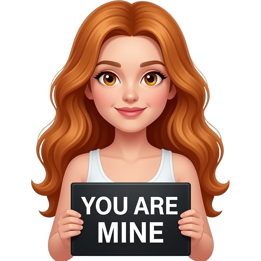 sexy girl with long wavy ginger hair and ginger eyes wearing a white tanktop is holding a black colored sign with YOU ARE MINE written on it emoji