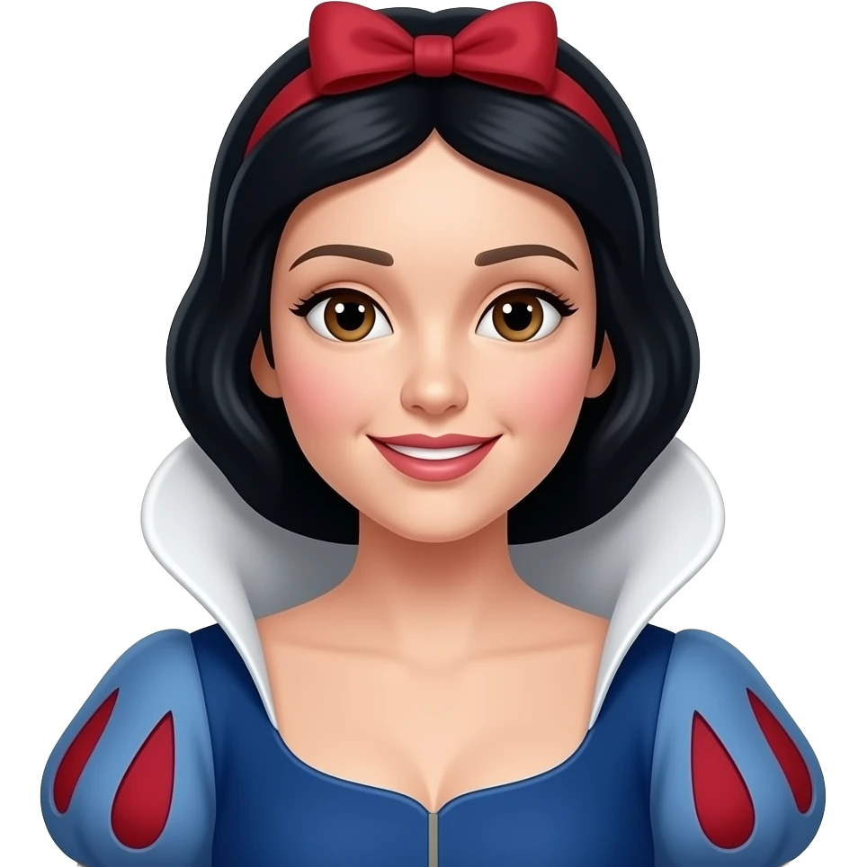 Snow White with soft feature and a long straight hair with showing half body and with a lil cleavage emoji