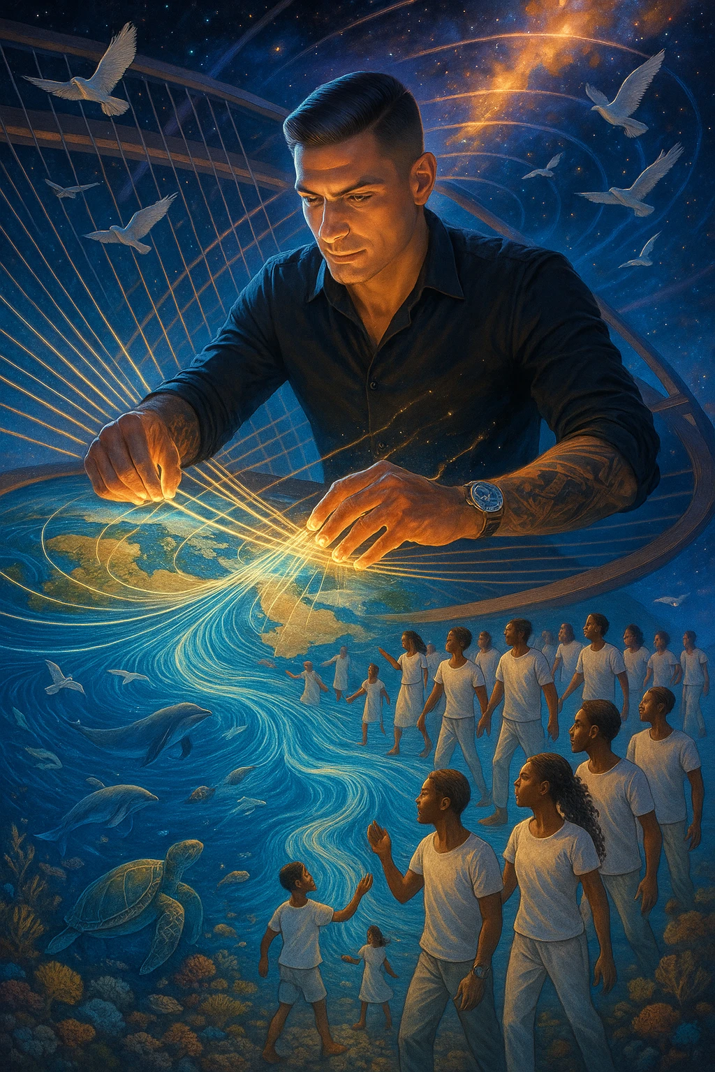 Uomo del 2030 al telaio gigante cosmico che tesse il destino del pianeta con fili di cotone stellare, ogni fibra naturale che intreccia ripara una parte dell'ecosistema terrestre, dita che brillano mentre guidano i fili di cotone attraverso dimensioni parallele, tessuto che si estende dall'atmosfera fino alle profondità marine, creature marine che nuotano attraverso le onde del tessuto acquatico, uccelli che volano seguendo i pattern del tessuto aereo, humanity unita che indossa vestiti di cotone e partecipa alla grande tessitura collettiva della salvezza planetaria emoji