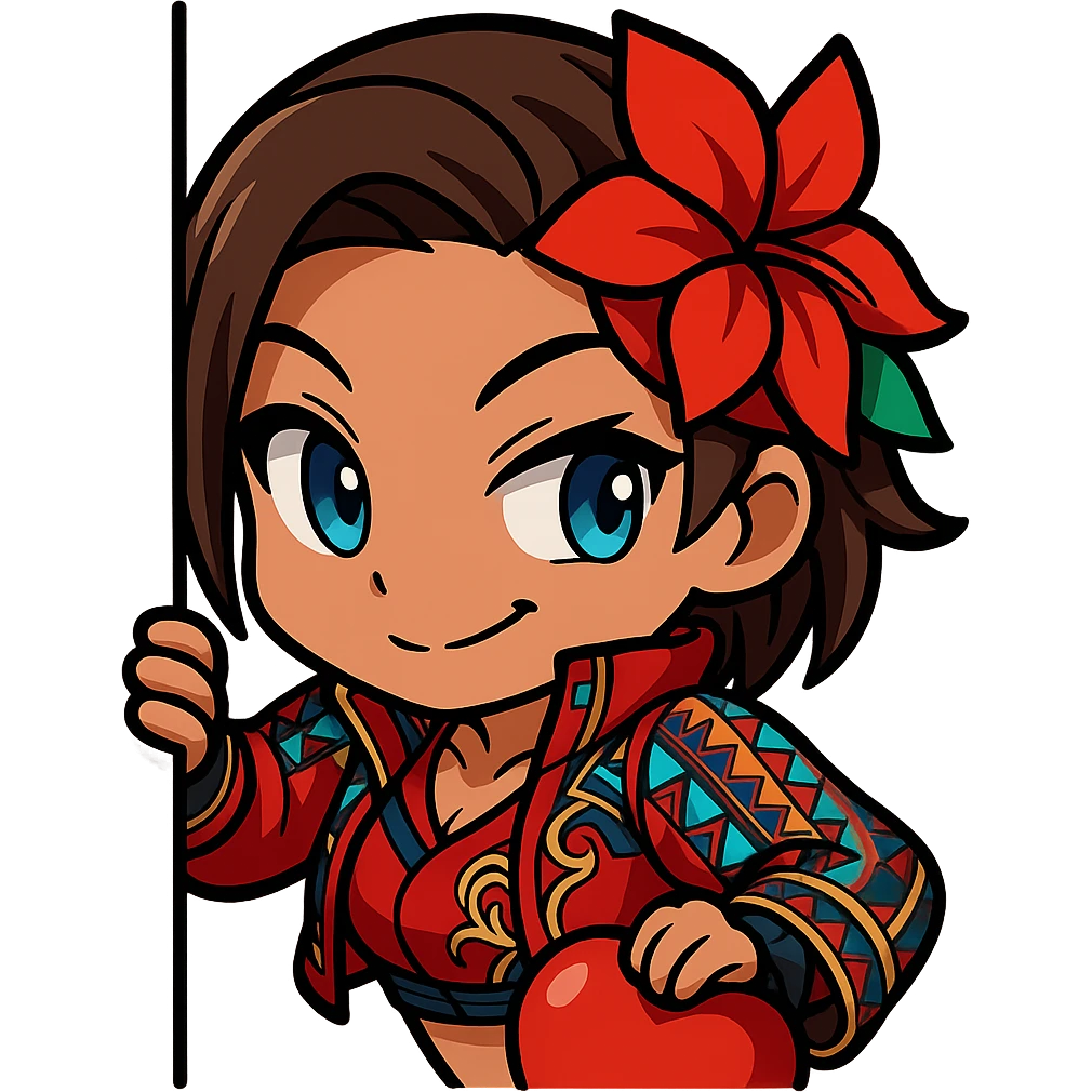 Azucena from Tekken 8 in chibi sticker style, peeking from behind a wall with a mischievous expression, wearing the detailed red and patterned outfit from the reference images, designed for Twitch emote use. emoji