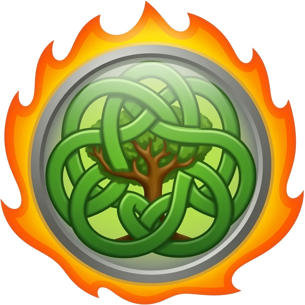 emblem with green celtic knot with tree of life and orange and yellow fire emoji