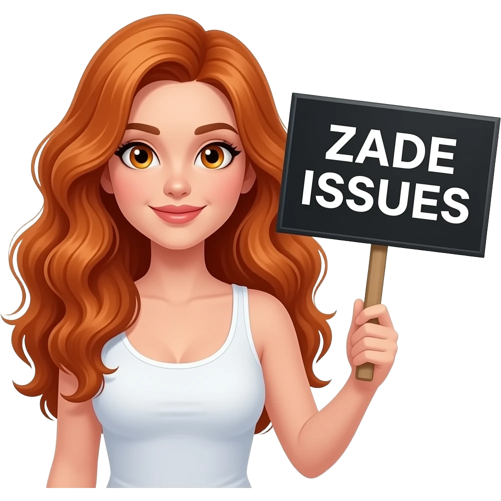 sexy girl with long wavy ginger hair and ginger eyes wearing a white tanktop is holding a black colored sign with ZADE ISSUES written on it emoji