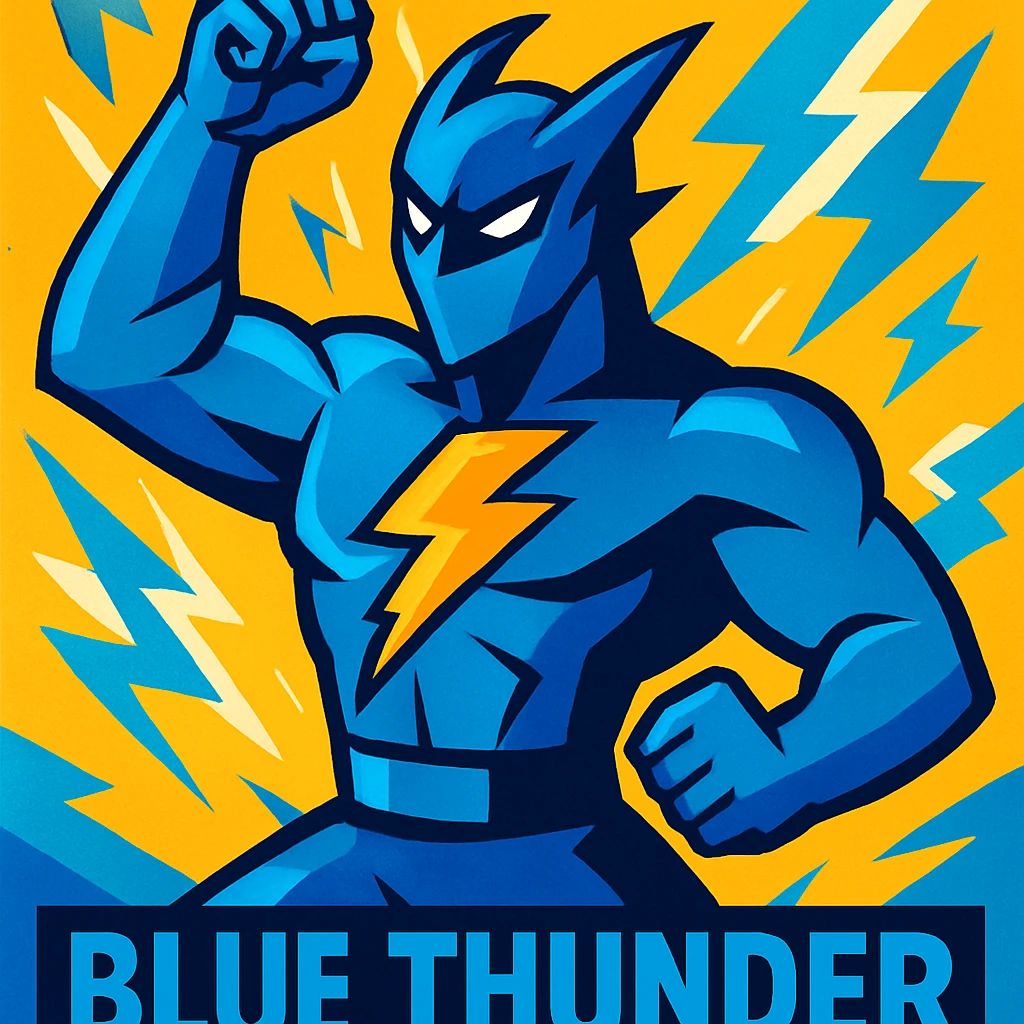 Blue Thunder, bold and dynamic, with electric blue colors and a sense of energy emoji