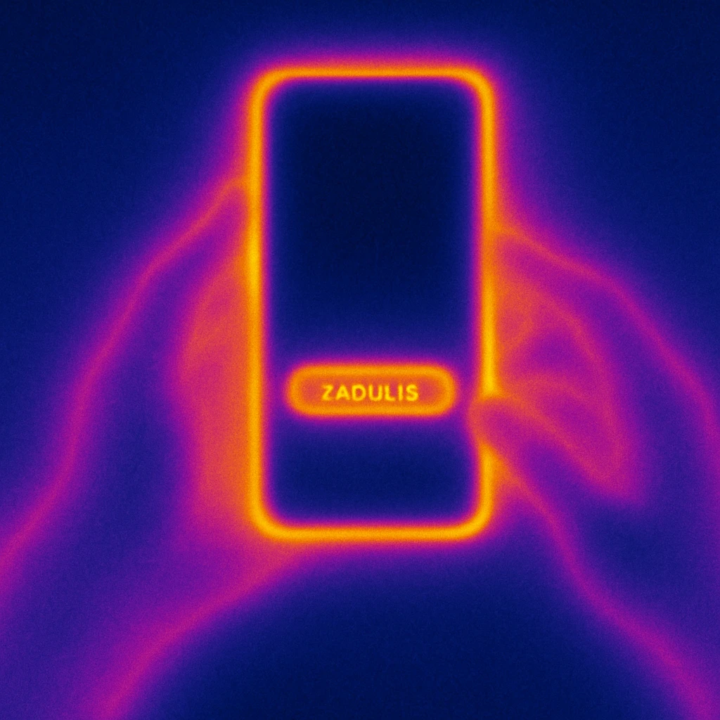 Can you please render an image of a digital artwork with a dreamy, cosmic aesthetic. It shows two beautiful feminine stylized hands left and right (in purples and pinks) seemingly holding or manipulating a floating phone with a dark screen and with its borders glowing and has a glowing small horizontal button on the screen with text “ZADULIS” and that radiates warm colors—yellow, orange, and magenta. Make the image 3D and look more like an artistic glassmorphism type. Make the image look HD and quality  emoji