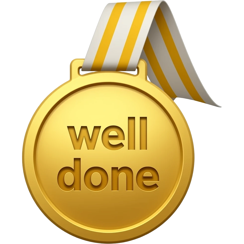A ribbon gold medal with the words well done imprinted on it emoji
