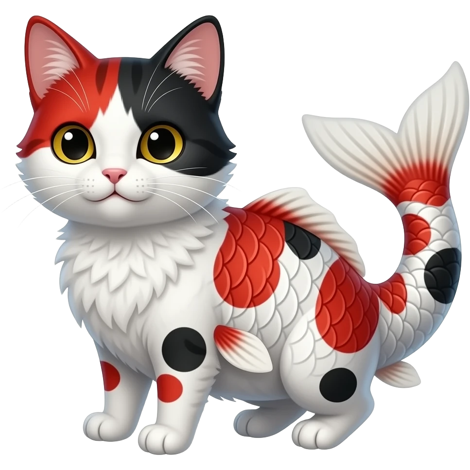 White, black, red, Koi-fish-fox-cat with thick fleshy catfish-whiskers, furry, cute realistic oriental, Japanese painted marked patterned fish-tailed emoji