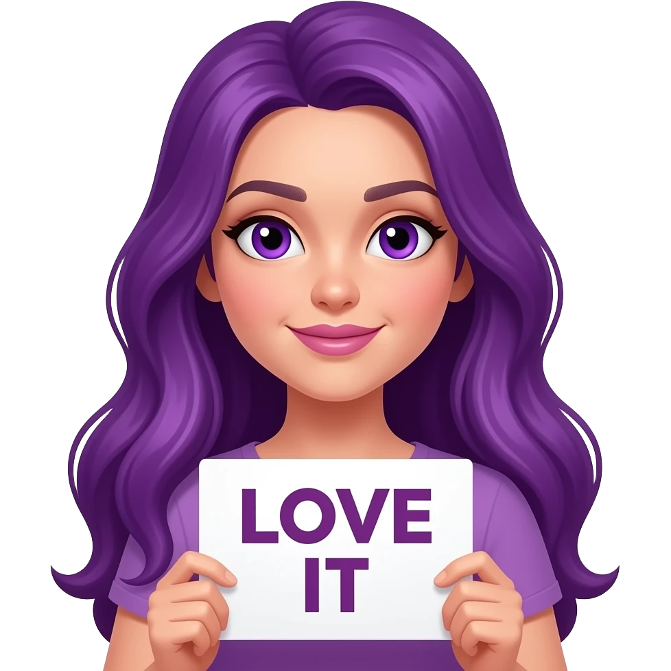 sexy girl with long purple hair and purple eyes holding a LOVE IT sign emoji