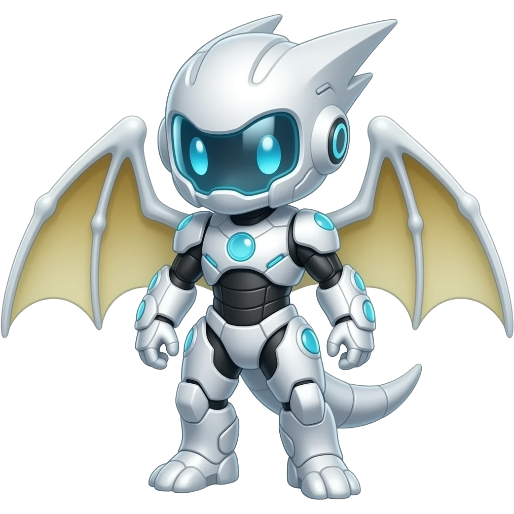 a shiny white Genesect-Flygon-Raptor-Fakémon—hybrid with a futuristic visor-helmet full body emoji