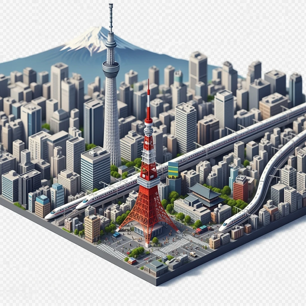 Isometric illustration of Tokyo, with Tokyo Tower, Skytree, Shibuya Crossing, Mount Fuji in background, high-speed trains, subtle 3D miniature effect and Tilt Shift effect, no cartoonish look, transparent background. emoji