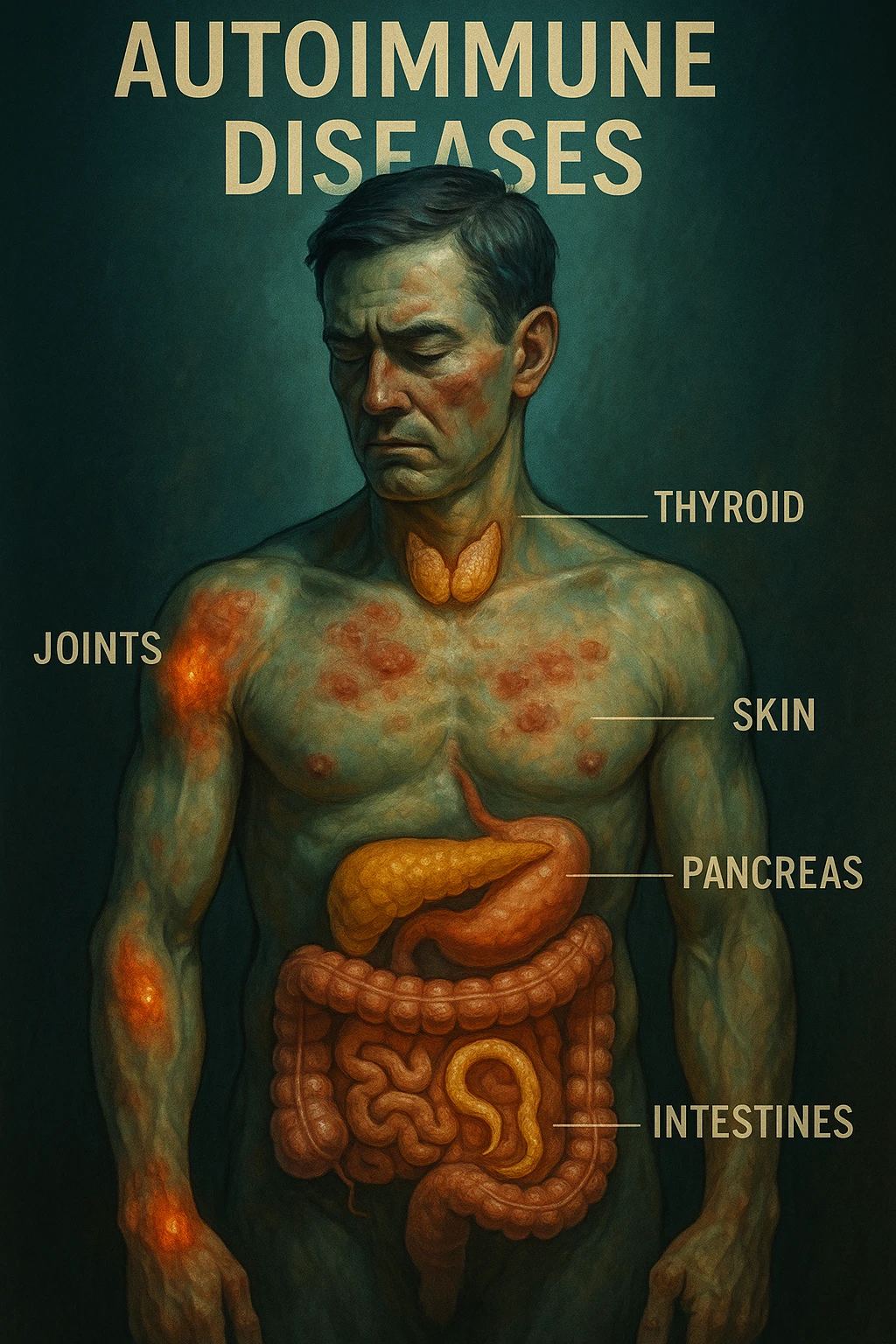 Create a vertical, cinematic, realistic medical illustration showing autoimmune diseases in the human body caused by intestinal parasites. Highlight specific organs affected by autoimmune reactions such as joints, skin, thyroid, pancreas, and intestines. Use dramatic clinical lighting with green-blue tones and warm yellow-orange accents, and natural depth of field. Maintain a 2:3 aspect ratio. emoji