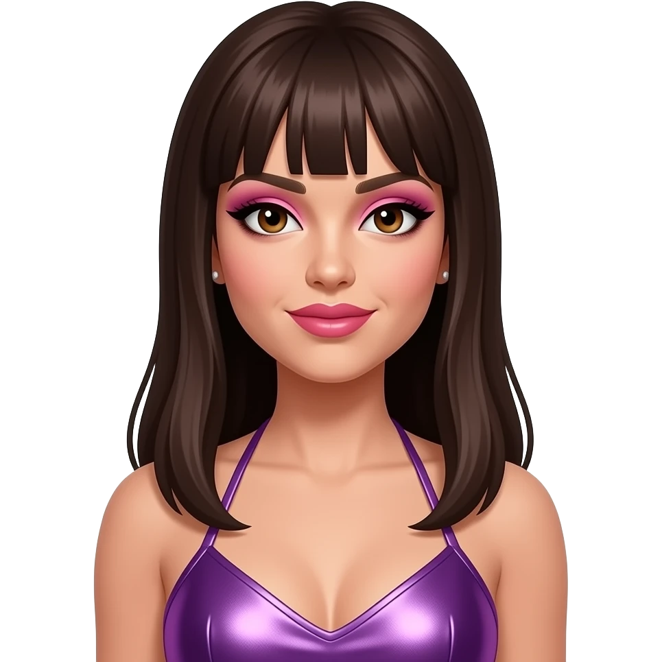Jessica Sutta from The Pussycat Dolls with hazel eyes, long dark brunette bang hair, pink eyeshadow and lipstick, purple metallic halter dress, earrings emoji