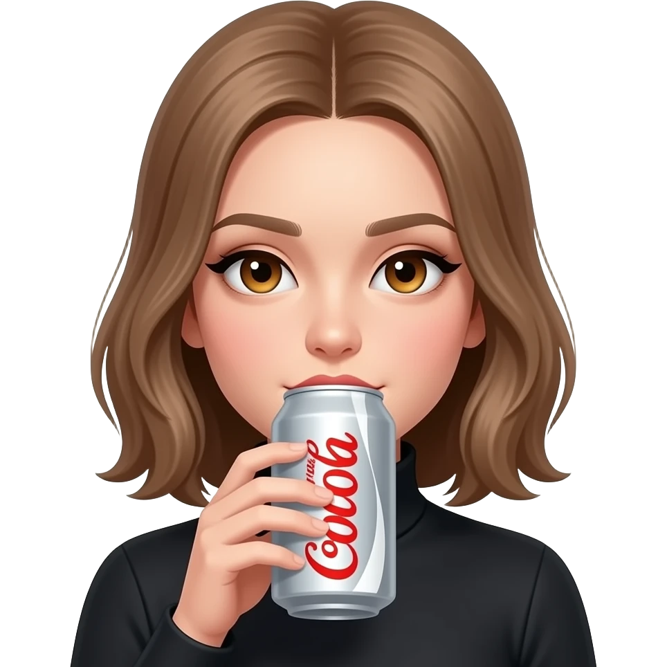 girl, light brown hair parted in the middle, amber eyes, dark eye makeup, wearing black turtle neck, drinking a DIET COKE in the silver can emoji