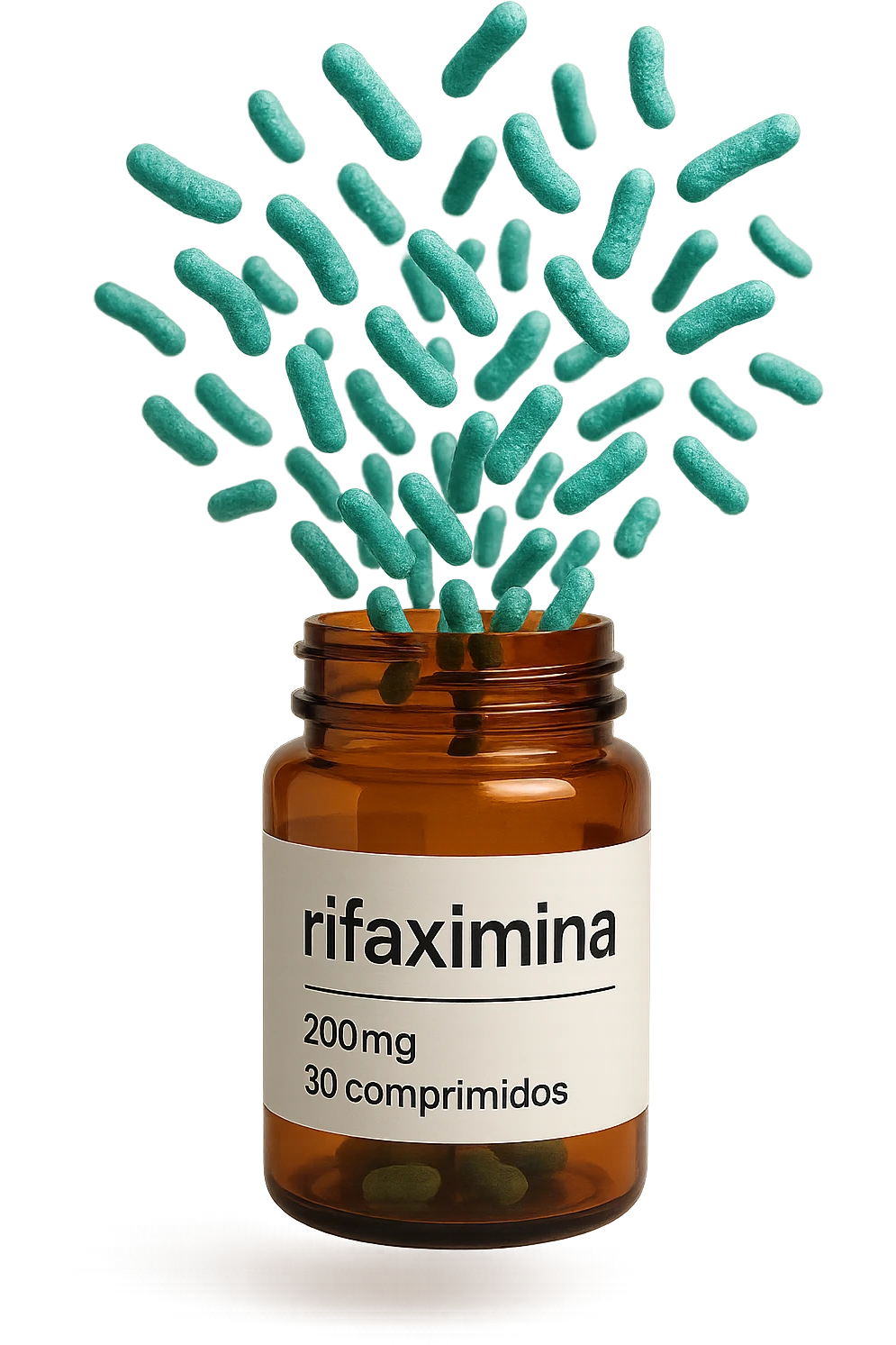 barattolo di medicinale con la scritta "rifaximina" sull'etichetta fluttua in aria, da dentro al barattolo escono batteri intestinali turchesi, iperrealistico 4k emoji