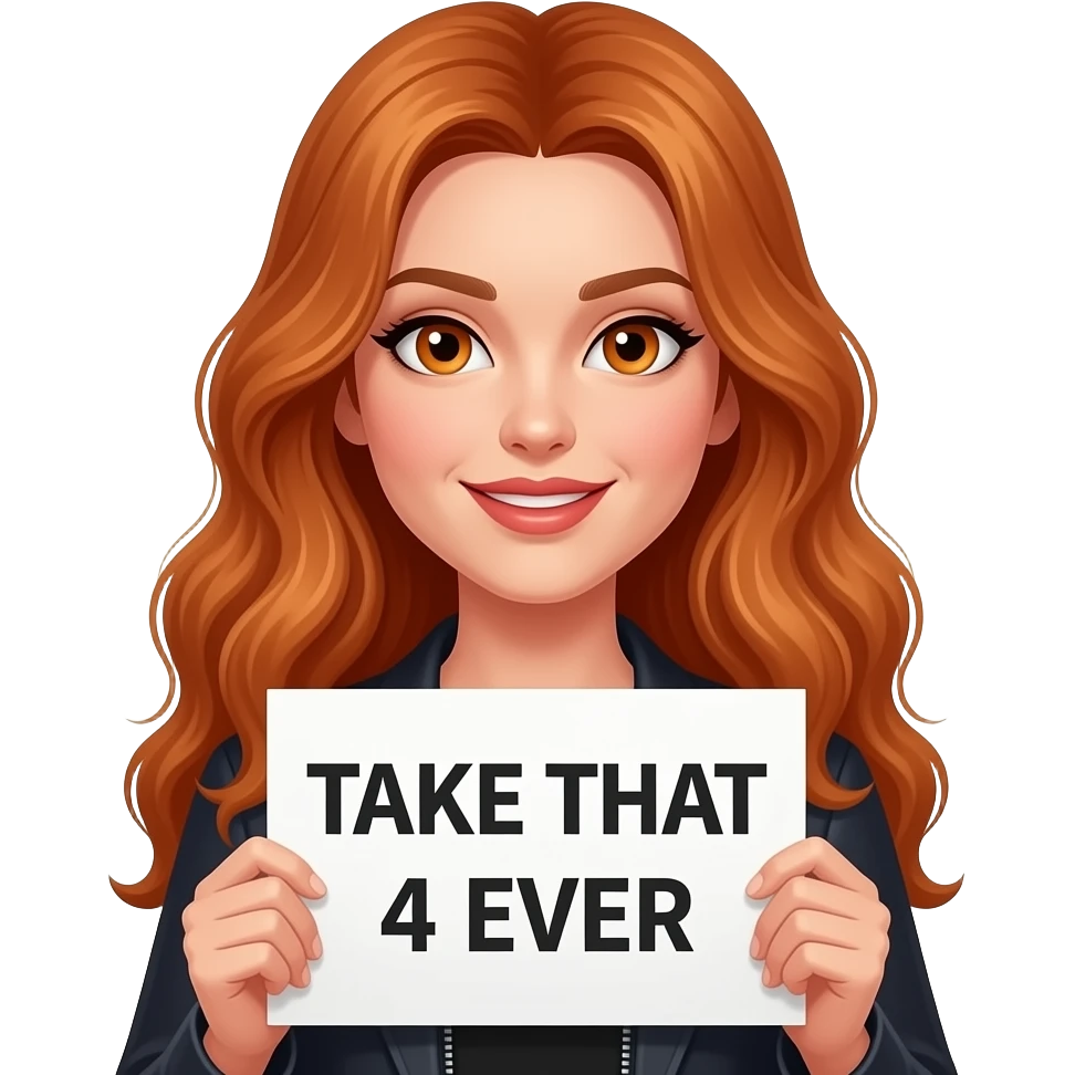 a sexy girl with long wavy ginger hair and ginger eyes is holding a TAKE THAT 4 EVERsign emoji