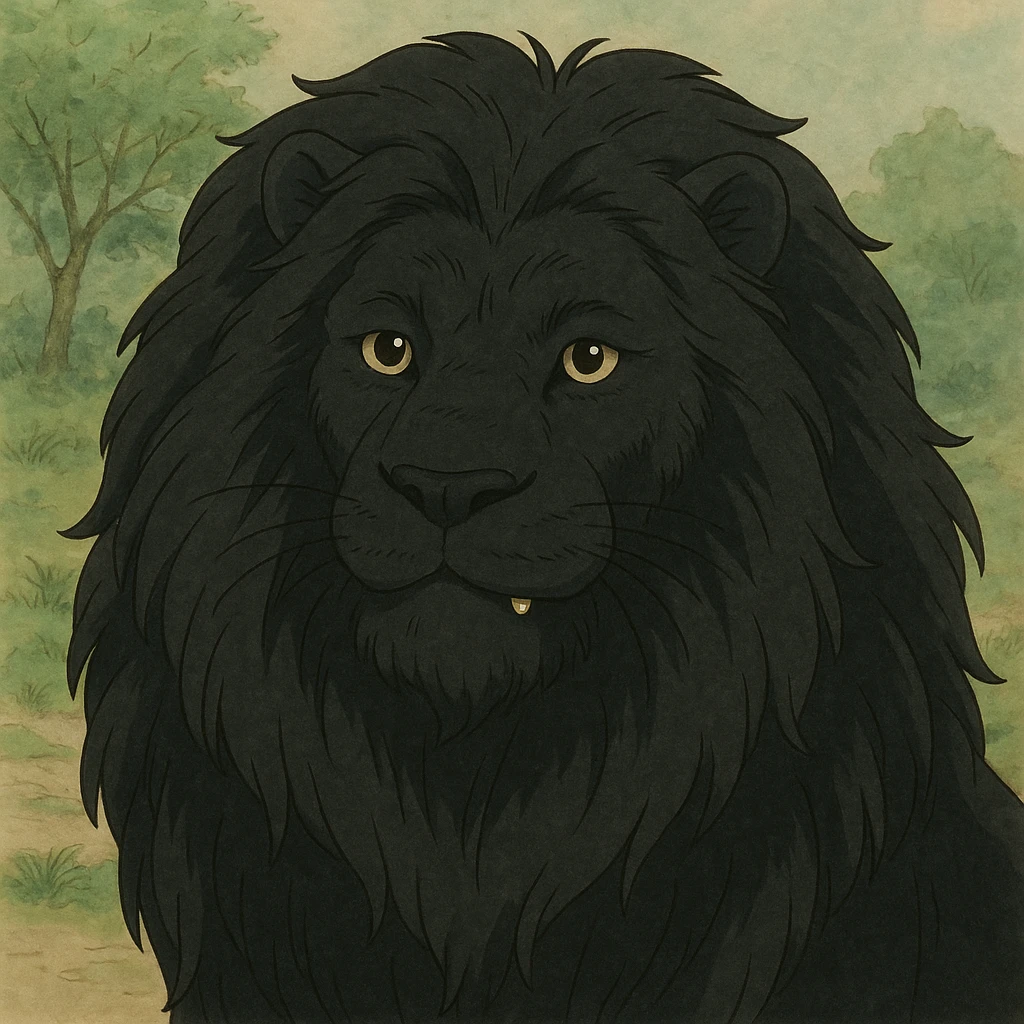 a black lion with a gold tooth, ghibli style emoji