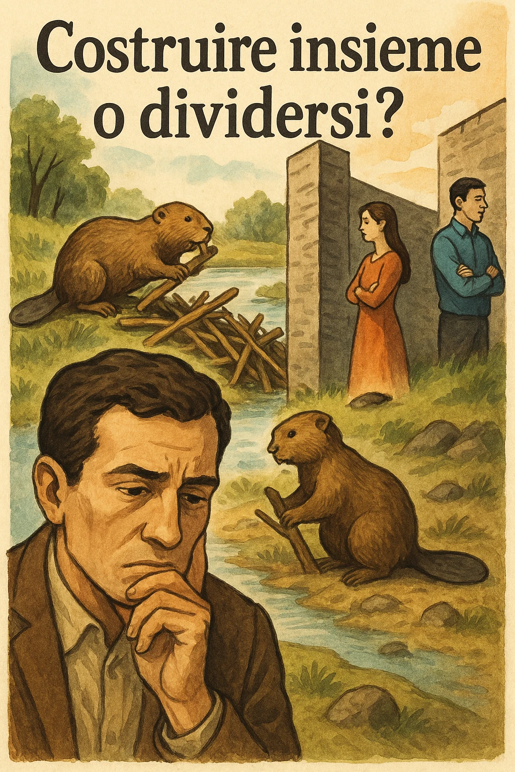 Vertical format: A man reflecting in front of two beavers building a dam together, while a human couple is separated by a wall, with Italian text: 'Costruire insieme o dividersi?'. emoji