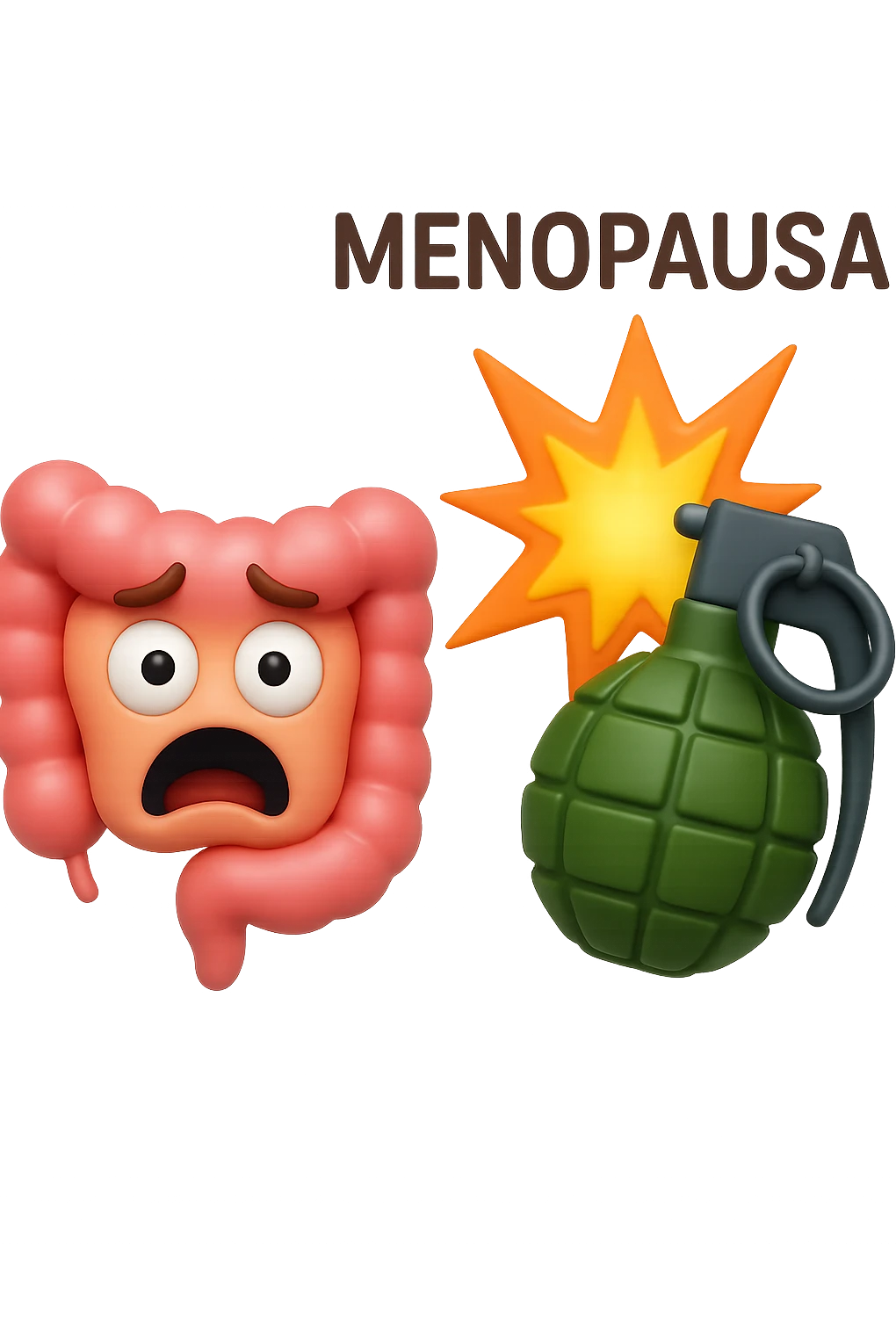 EMOJI STILE IPHONE 3D DI INTESTINO 3D CON ESPRESSIONE SPAVENTATA IN VOLTO MENTRE ACCANTO A LUI SCOPPIA UNA GRANATA 3D CON LA SCRITTA "MENOPAUSA" SOPRA, FAGLI ANCHE LA PARTE BIANCA DEGLI OCCHI, NON SOLO LA PUPILLA emoji