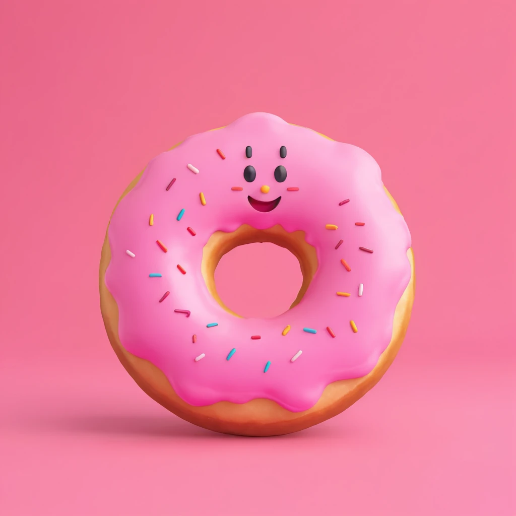 Create an emoji of this donut character with a happy expression, 3D cartoon style, pink background. emoji