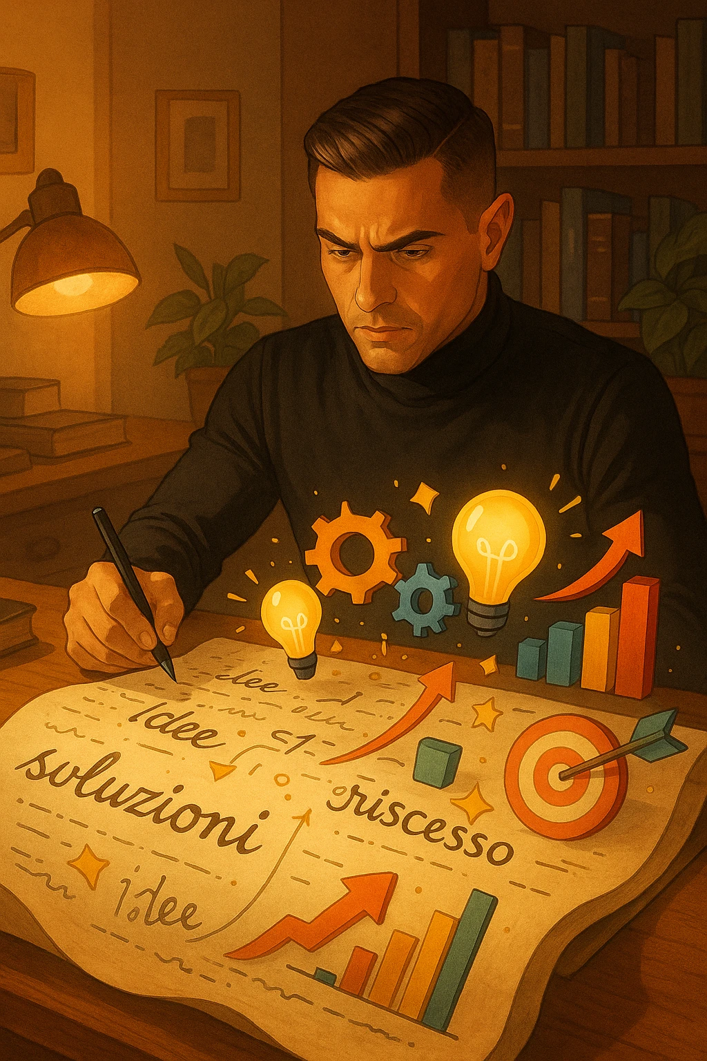 Un uomo concentrato, seduto alla sua scrivania in una stanza con luce calda, sta scrivendo su un enorme foglio di carta che si espande magicamente davanti a lui. Mentre scrive, le parole si trasformano in elementi visivi tridimensionali che rappresentano le soluzioni ai suoi problemi in italiano emoji