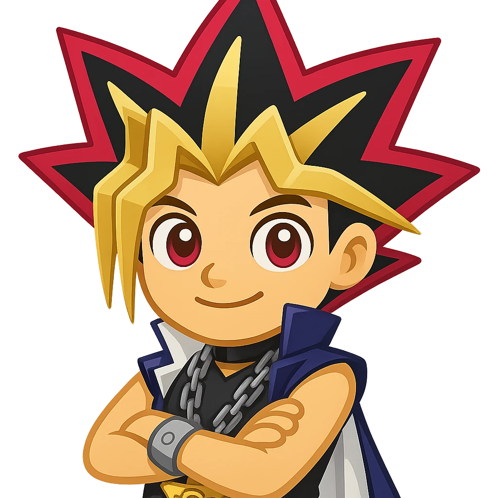 Create an emoji style version of Yugi from Yu-Gi-Oh based on the reference image. Features include spiky tricolor hair, large eyes, confident expression, Millennium Puzzle necklace, and crossed arms. The style should resemble apple style emojis with concise details. emoji