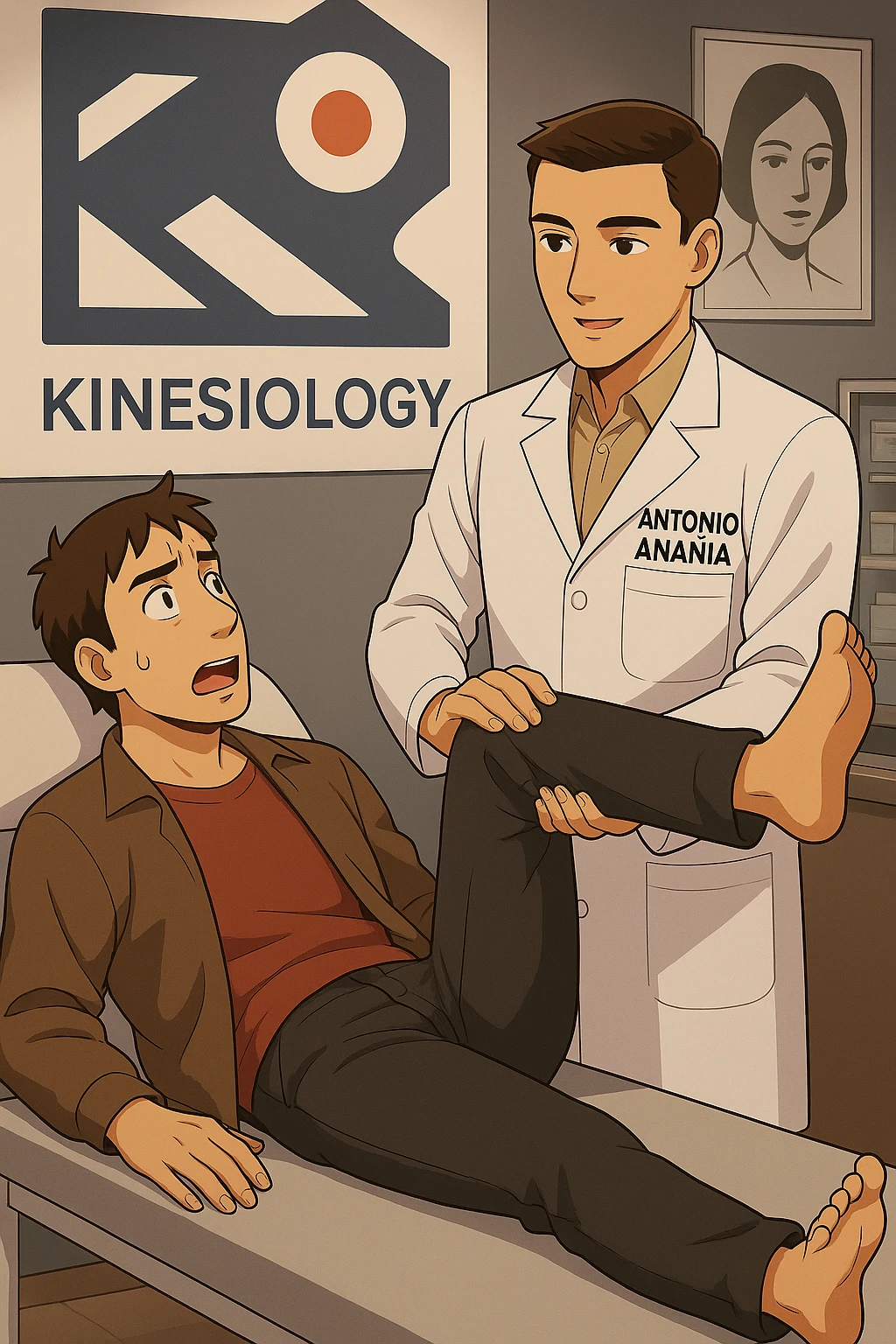 fai un webtoon manga a colori con questo stile, in cui un uomo è steso sul lettino medico e il kinesiologo con il camice bianco (fagli anche la scritta "ANTONIO ANANIA" SUL CAMICE, gli solleva una gamba per fargli il test neuromuscolare, IL KINESIOLOGO SPIEGA ALL'UOMO UNA cosa mentre gli alza la gamba. non fare i fumetti però, fai solo in modo che sembri stiano parlando, il lettino fai in modo che si veda tutto intero emoji