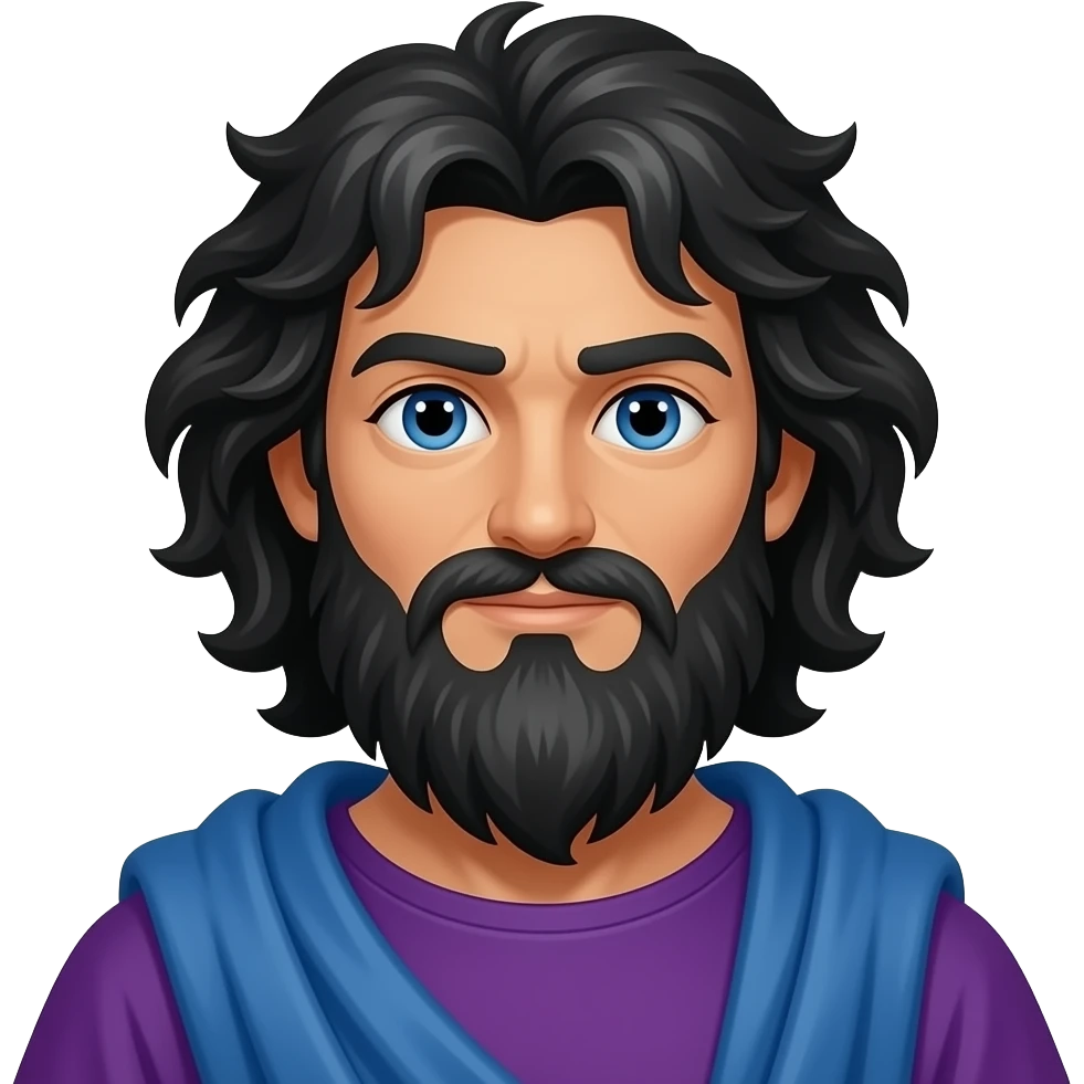 Jupiter from Roman Mythology with blue eyes, long black storm cloud hair and beard, purple tunic, azure cloak emoji
