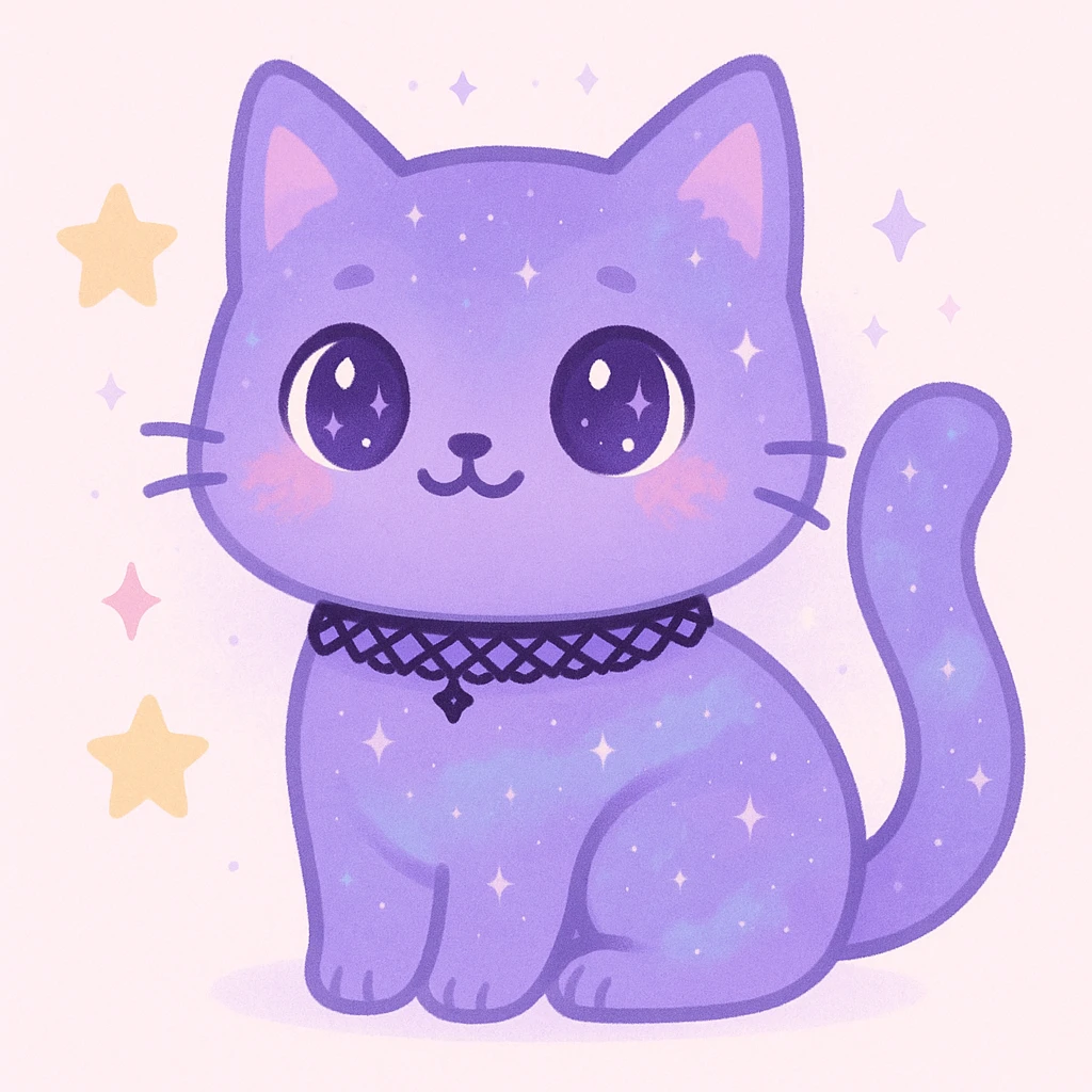 whimsical purple cat with galaxy pattern, gothic lace choker, mystical aura, cute expression emoji