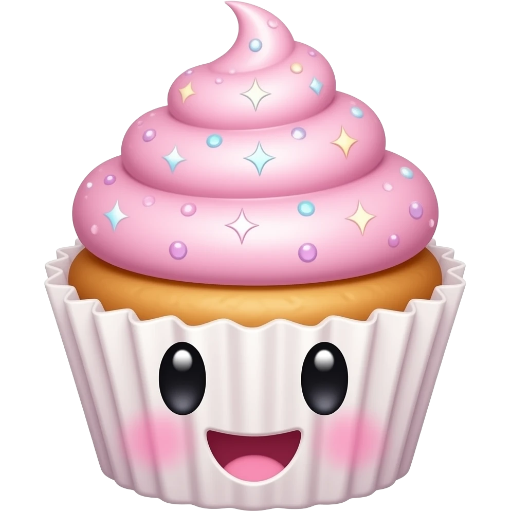 Um cupcake rosa com muito brilho, feliz e sorridente, com um rosto... emoji