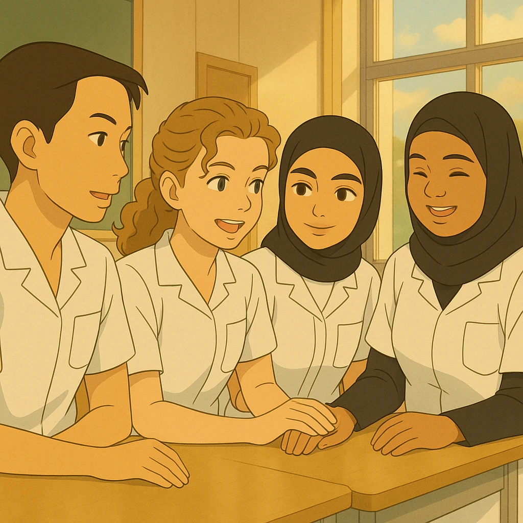Personnaliser les quatre étudiants infirmiers en interaction, style Ghibli, en utilisant les visages des quatre photos fournies, tenues blanches à manches courtes, tuniques médicales col en V, poche poitrine à gauche, pas de pied de col, pas de stéthoscopes, avant-bras nus, cheveux longs attachés pour celles qui en ont. Décor lumineux, ambiance collaborative. emoji