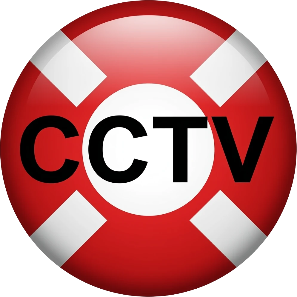 Red filled circle with white X and arrow on all end points on the X white circle in the middle. Big bold CCTV word in the centre in black emoji