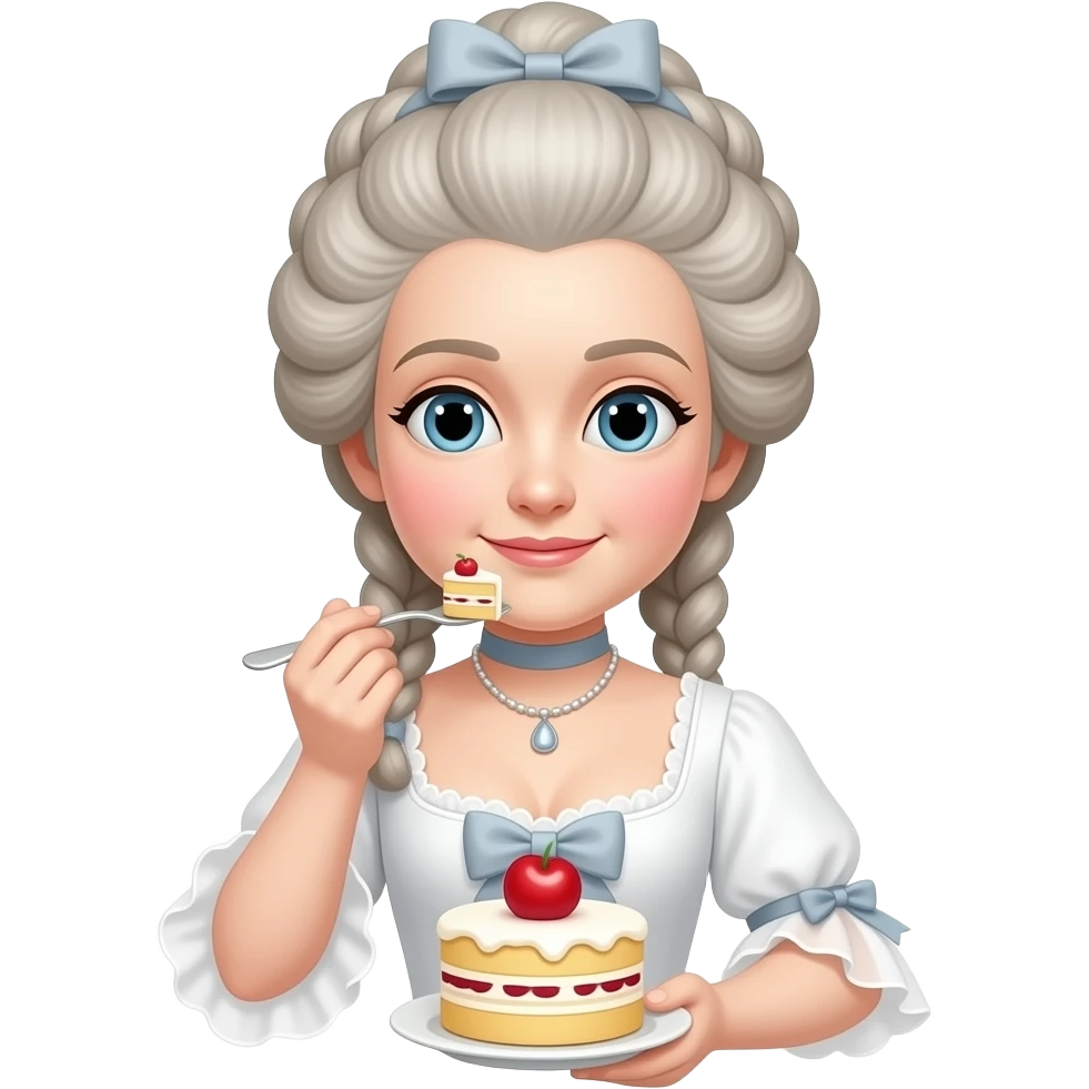 Marie Antoinette in a white gown eating cake emoji