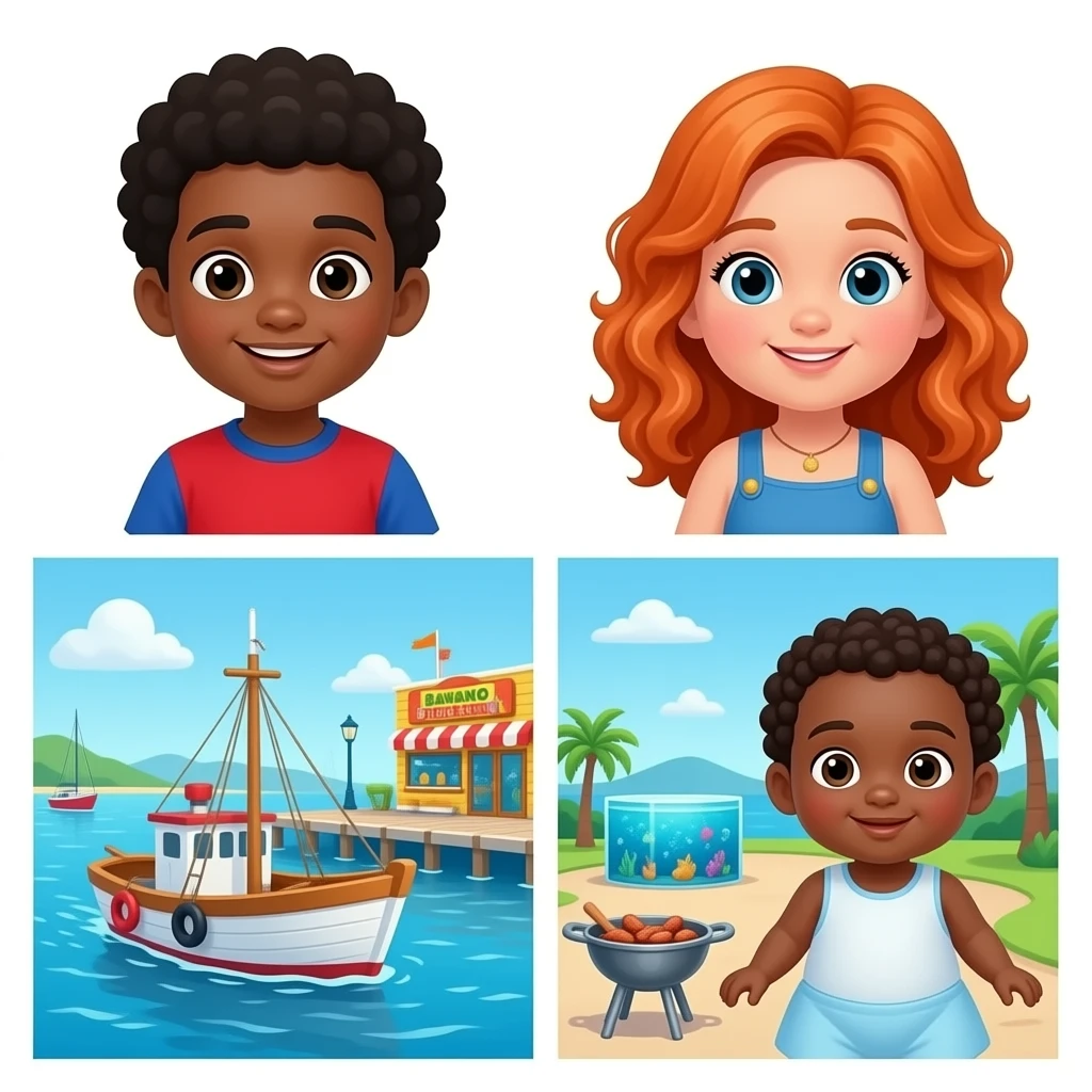 Toca life waterfront 2 boys Afro hair Red-Blue Shirt Went to krill grill One Orange Wavy Hair Girl Blue dress Went To A Banano Popsicle shop and A Old Boat One Baby With Afro Hair Dark Skin With Nappy In The Sea Life Aquarium emoji