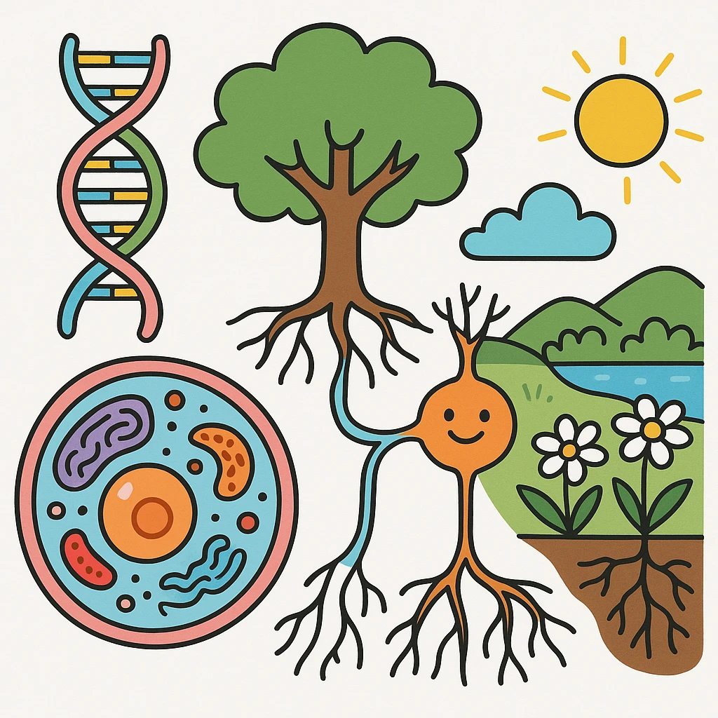 A realistic biological illustration (like in a school book) showing: DNA strands transitioning into a tree, cells with visible organelles, neurons connected to plant roots  and a balanced ecosystem background . Seamless integration, no labels or borders, complete white background (not off white!), detailed but minimalist.  emoji