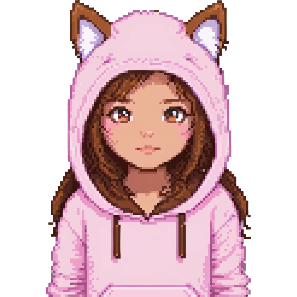 Minecraft pixel art face of Lily, with pink cat onesie hood, big brown eyes, long brown hair, matching the reference emoji