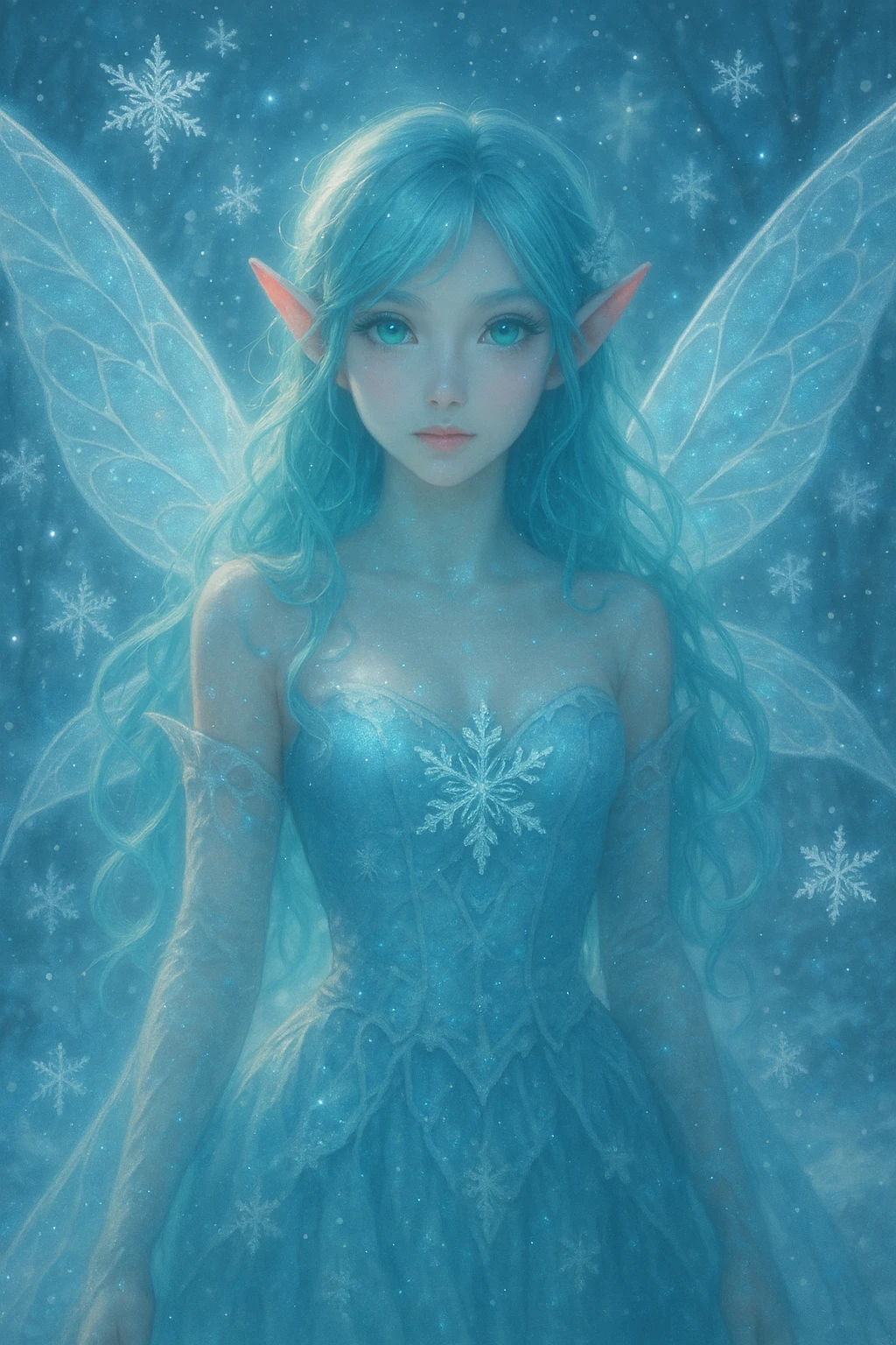 ice fairy with aqua-colored eyes and hair, surrounded by snowflakes, glowing, enchanting, fantasy style emoji