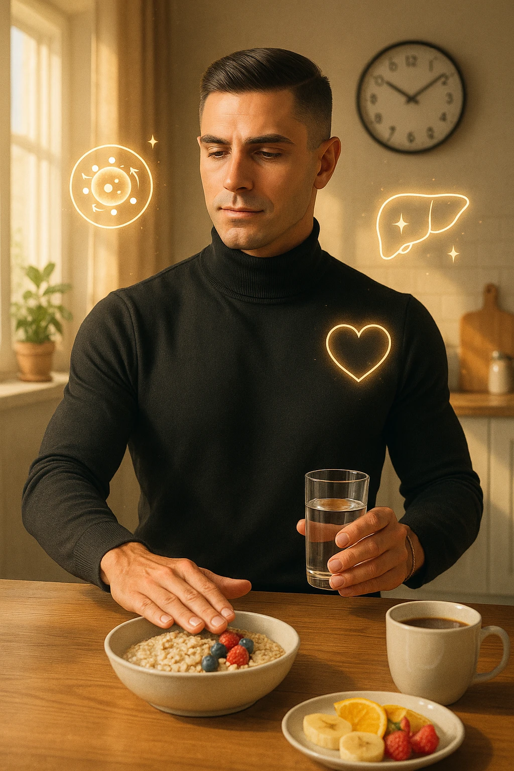 A realistic, cinematic illustration of a man in his early 30s with a fit, healthy appearance, standing in a bright kitchen in the morning. The kitchen table has a prepared but untouched healthy breakfast (oatmeal, fruit, coffee) on it, while the man, with a calm and focused expression, gently pushes the plate away with one hand while holding a glass of water in the other. A wall clock in the background shows 8:00 AM, indicating the morning fasting window, while sunlight streams in, illuminating the scene. Subtle glowing icons of a regenerating cell, a clean liver, and a heart float softly around him, symbolizing the health benefits of intermittent fasting. The atmosphere is clean, minimal, and motivating, showing that the man chooses intermittent fasting consciously for health, clarity, and energy rather than weight loss alone. The color palette is warm, with natural light and a slight film grain for depth emoji