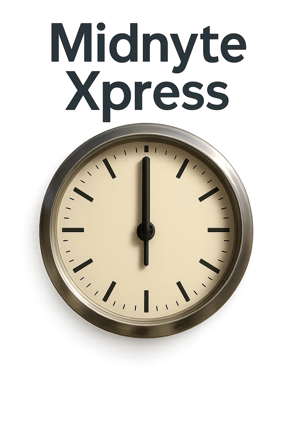 Make this clock at midnight with 'Midnyte Xpress' above look more realistic, featuring a metallic clock frame, glass face, and realistic shadows. Keep the text above in a clean font. No background, transparent background. emoji