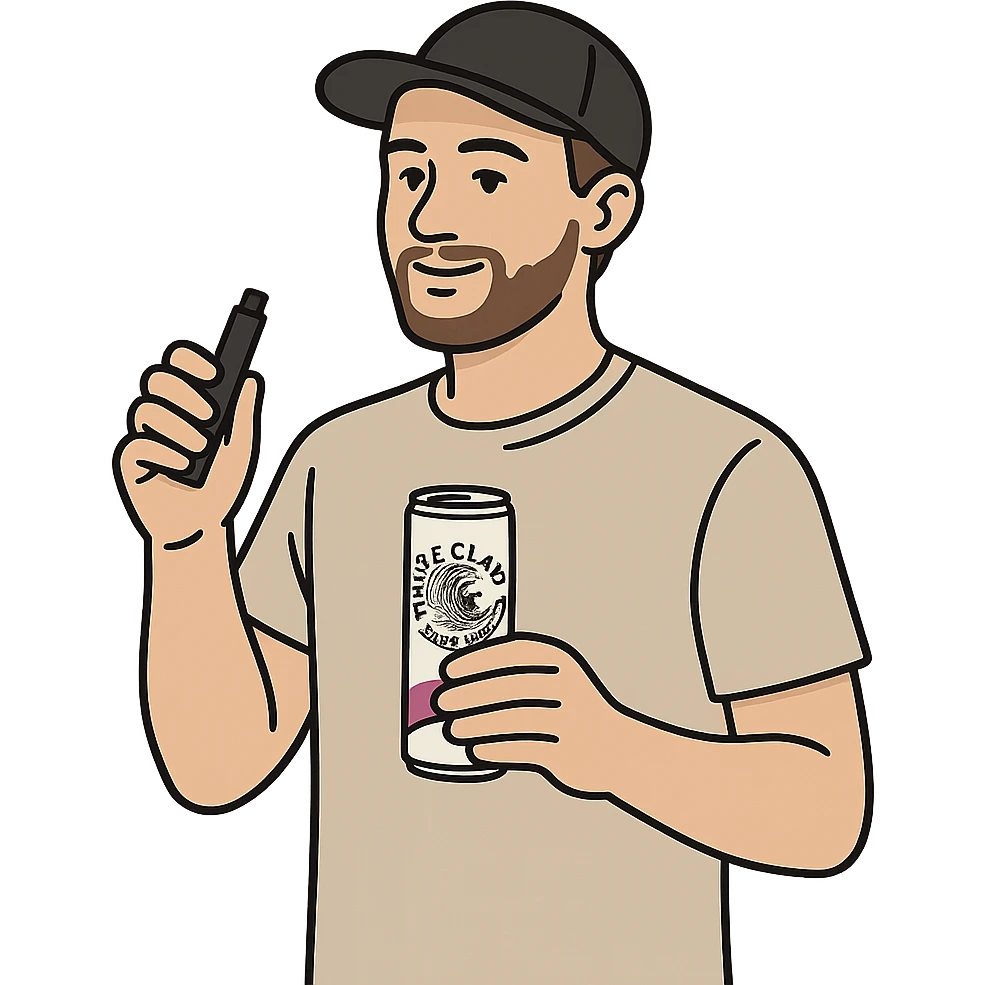 a man wearing a t-shirt and a baseball hat, holding a can of White Claw and a vape, simple clear style emoji