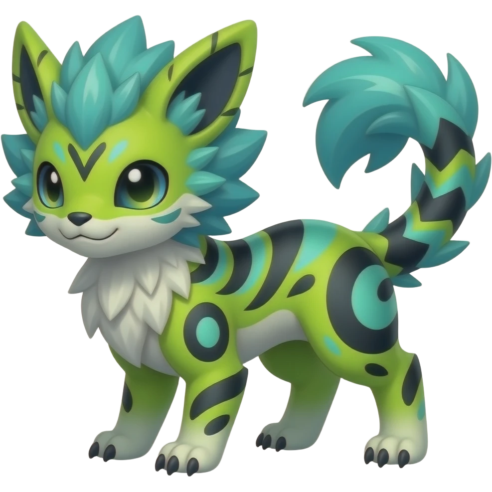 Rare realistic iridescent neon lime-green & cyan white black lush tropical exotic edgy epic pretty beautiful handsome gorgeous aesthetic colorful vibrant Vernid-Protogen-Fionbri-Genet-Trico-species-Fakemon-hybrid-creature by LiLaiRa, beautiful intricate markings, full body emoji