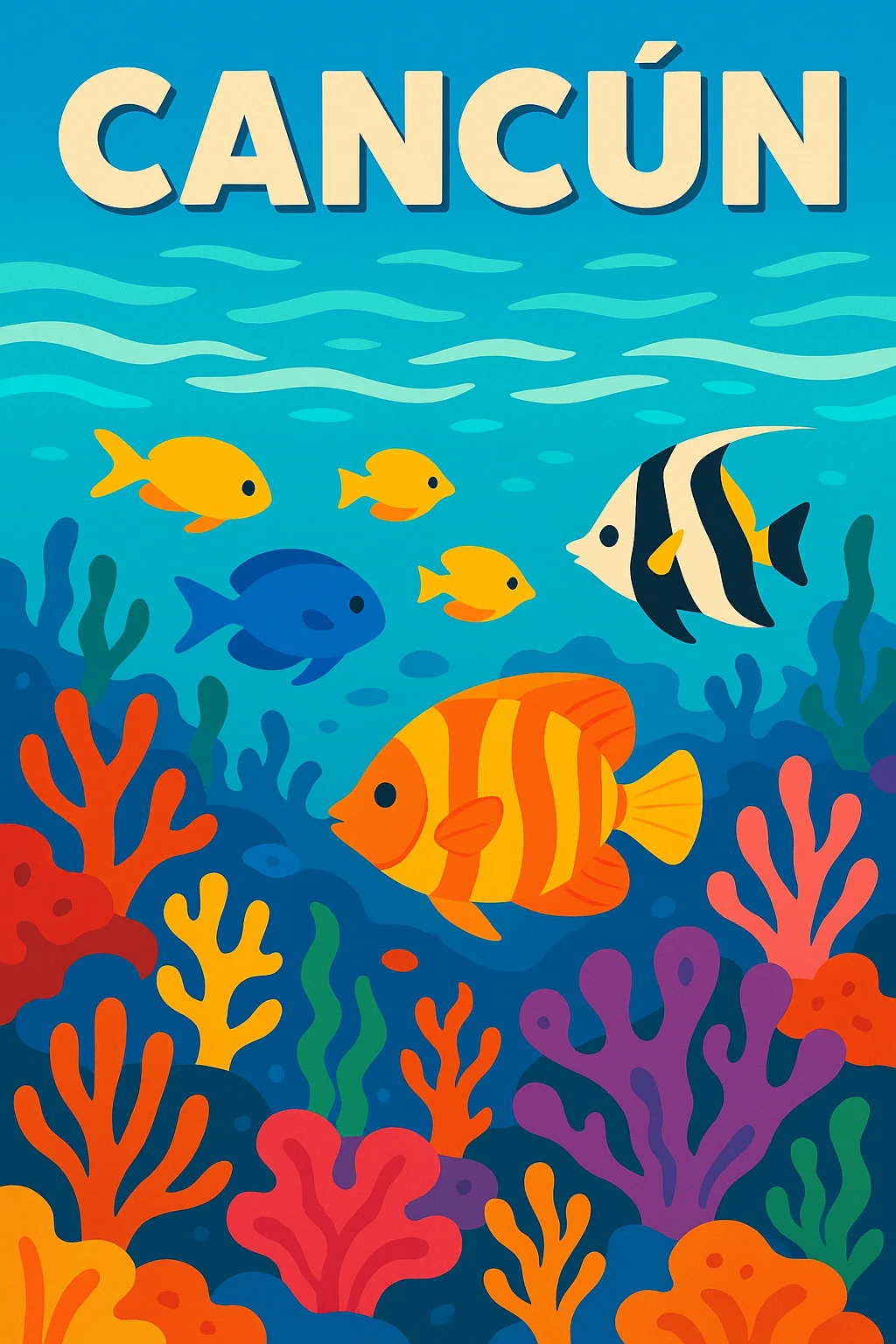 Cancun underwater scene with coral reef, tropical fish, clear blue water emoji
